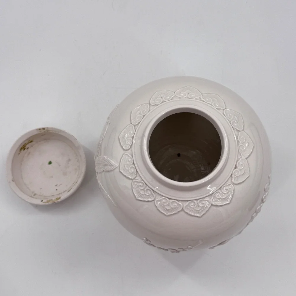 White Relief Porcelain Ginger Jar Rooster Floral Botanical Blanc de Chine